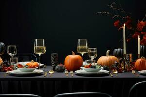 Halloween table paramètre. citrouilles, Halloween décorations sur le tableau. ai généré photo