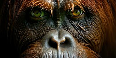 ai généré. ai génératif. orang-outan singe visage portrait yeux en train de regarder sur toi. mammifère animal Contexte voir. graphique art photo