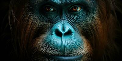 ai généré. ai génératif. orang-outan singe visage portrait yeux en train de regarder sur toi. mammifère animal Contexte voir. graphique art photo