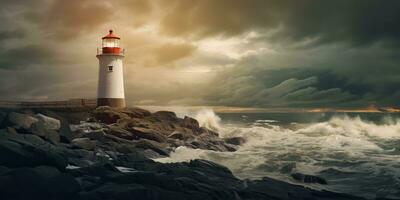 ai généré. ai génératif. nautique Marin marine paysage avec phare sur Roche côte ligne avec énorme vagues. mer aventures explorer. graphique art photo