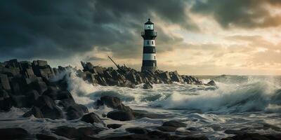 ai généré. ai génératif. nautique Marin marine paysage avec phare sur Roche côte ligne avec énorme vagues. mer aventures explorer. graphique art photo