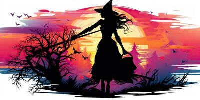 ai généré. ai génératif. aquarelle dessiner encre peindre sorcière fille femme avec balai. Halloween vacances la magie style. graphique art photo