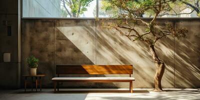 ai généré. ai génératif. Urbain ville jardin parc avec béton pierre mur et en bois banc et arbre. la nature Extérieur relaxant minimal temps. graphique photo