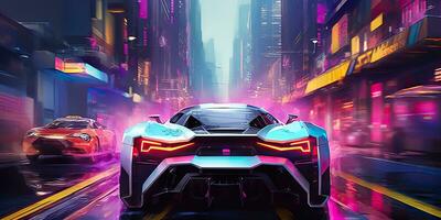 ai généré. ai génératif. cyberpunk course voiture néon ligh nuit bouge toi sur route. retrowave vaporwave synthwave style ambiance. graphique art photo