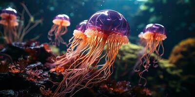 ai généré. ai génératif. rouge méduse sous-marin faune mer océan aquarium vie. graphique art photo