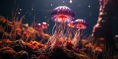ai généré. ai génératif. rouge méduse sous-marin faune mer océan aquarium vie. graphique art photo