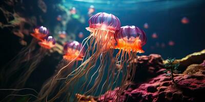 ai généré. ai génératif. rouge méduse sous-marin faune mer océan aquarium vie. graphique art photo