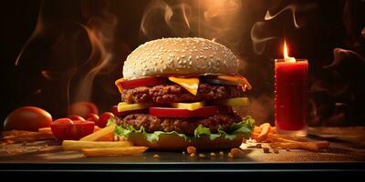 ai généré. ai génératif. vite nourriture Hamburger Burger cheeseburger sandwich Frais Fast food menu restaurant décoration Contexte. graphique art photo