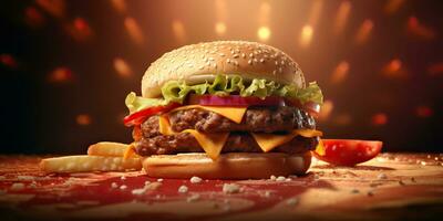 ai généré. ai génératif. vite nourriture Hamburger Burger cheeseburger sandwich Frais Fast food menu restaurant décoration Contexte. graphique art photo