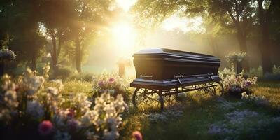 ai généré. ai génératif. funéraire religion culture événement. cimetière avec tombeau et beaucoup fleurs plante sur il. graphique art photo