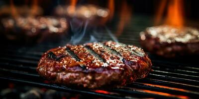 ai généré. ai génératif. un barbecue gril barbecue steak Feu flamme Viande en train de préparer juteux dîner fête repas. graphique art photo