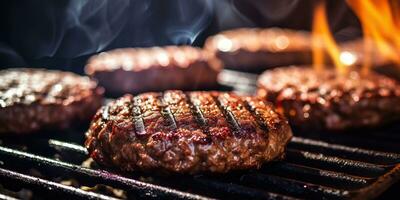 ai généré. ai génératif. un barbecue gril barbecue steak Feu flamme Viande en train de préparer juteux dîner fête repas. graphique art photo