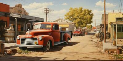 ai généré. ai génératif. américain vieux ancien rétro Etats-Unis antique rural campagne mode de vie. vieux voiture un camion à magasin boutique avec des produits des boites. graphique art photo