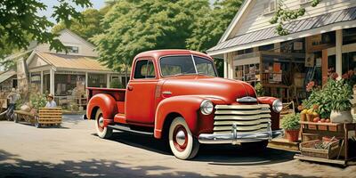 ai généré. ai génératif. américain vieux ancien rétro Etats-Unis antique rural campagne mode de vie. vieux voiture un camion à magasin boutique avec des produits des boites. graphique art photo