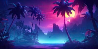 ai généré. ai génératif. rétro ancien Années 80 Années 90 électronique cyberpunk retrowave synthwave vaporwave paysage la nature. tropical plage paumes paysage. graphique art photo