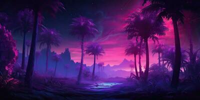 ai généré. ai génératif. rétro ancien Années 80 Années 90 électronique cyberpunk retrowave synthwave vaporwave paysage la nature. tropical plage paumes paysage. graphique art photo