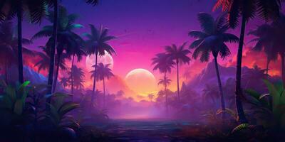 ai généré. ai génératif. rétro ancien Années 80 Années 90 électronique cyberpunk retrowave synthwave vaporwave paysage la nature. tropical plage paumes paysage. graphique art photo