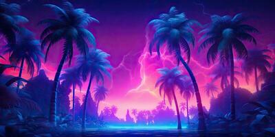 ai généré. ai génératif. rétro ancien Années 80 Années 90 électronique cyberpunk retrowave synthwave vaporwave paysage la nature. tropical plage paumes paysage. graphique art photo