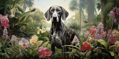 ai généré. ai génératif. allemand court cheveux aiguille chien chasseur à tropical fleurs les plantes jardin Contexte. la nature Extérieur sauvage paysage. graphique art photo