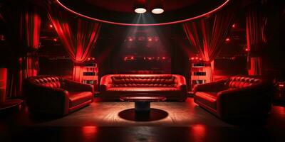 ai généré. ai génératif. rouge intérieur intérieur nuit club VIP luxe conception décoration. partie boisson bar restaurant nuit club nuit style de vie.graphique art photo