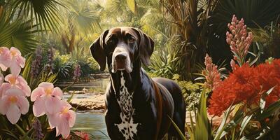 ai généré. ai génératif. allemand court cheveux aiguille chien chasseur à tropical fleurs les plantes jardin Contexte. la nature Extérieur sauvage paysage. graphique art photo