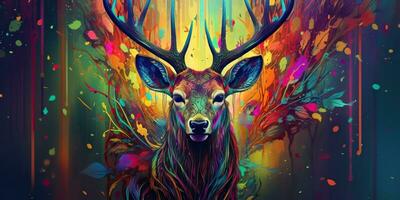 ai généré. ai génératif. psychédélique cerf cerf animal. encre brosse dessiner peindre esquisser rue art vibrant couleurs. sauvage la vie mammifère la nature style. graphique art photo