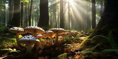 ai généré. ai génératif. Extérieur la nature sauvage paysage forêt explorer Voyage aventures avec champignons trouver sur sol. graphique art photo