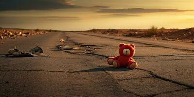 ai généré. ai génératif. solitaire cassé perdu ours animal jouet Jeu sur le route. triste vibe Contexte. graphique art photo