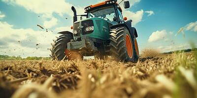 ai généré. ai génératif. tracteur combiner machine récolte champ agriculture. la nature Extérieur Prairie paysage machine industrie. graphique art photo