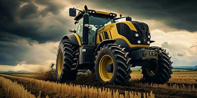 ai généré. ai génératif. tracteur combiner machine récolte champ agriculture. la nature Extérieur Prairie paysage machine industrie. graphique art photo