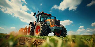 ai généré. ai génératif. tracteur combiner machine récolte champ agriculture. la nature Extérieur Prairie paysage machine industrie. graphique art photo