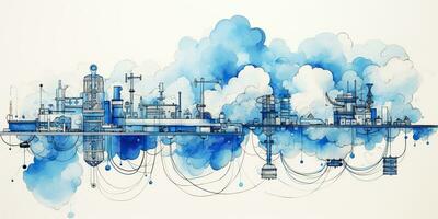 ai généré. ai génératif. abstrait géométrique usine pipeline industrie dessin Contexte dans bleu des nuages. graphique art photo