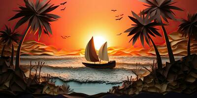 ai généré. ai génératif. le coucher du soleil île tropical paradis paumes mer océan vacances bateau voile affiche. pétrole dessiner peindre papier aquarelle graphique style. graphique art photo