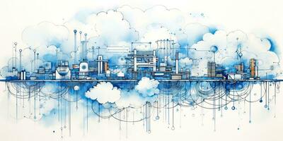 ai généré. ai génératif. abstrait géométrique usine pipeline industrie dessin Contexte dans bleu des nuages. graphique art photo