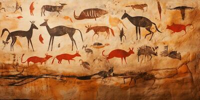 ai généré. ai génératif. primitif historique pierre la grotte mur dessin art de animaux chasse. graphique art photo