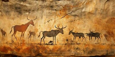 ai généré. ai génératif. primitif historique pierre la grotte mur dessin art de animaux chasse. graphique art photo