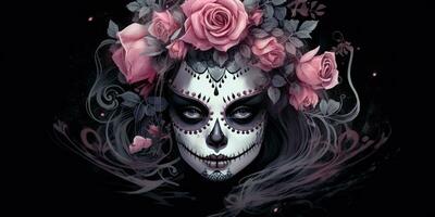 ai généré. ai génératif. muertos mexicain Latin journée de le mort vacances carnaval femme faire en haut sucre crâne affronter. graphique art photo