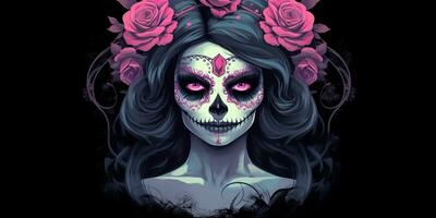 ai généré. ai génératif. muertos mexicain Latin journée de le mort vacances carnaval femme faire en haut sucre crâne affronter. graphique art photo