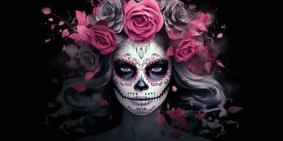 ai généré. ai génératif. muertos mexicain Latin journée de le mort vacances carnaval femme faire en haut sucre crâne affronter. graphique art photo