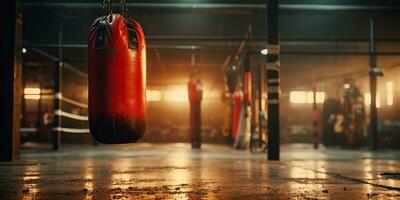 ai généré. ai génératif. foncé ancien rétro vieux Gym boxe sac aptitude sport martial les arts pièce intérieur. graphique art photo