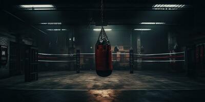 ai généré. ai génératif. foncé ancien rétro vieux Gym boxe sac aptitude sport martial les arts pièce intérieur. graphique art photo