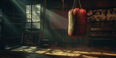 ai généré. ai génératif. foncé ancien rétro vieux Gym boxe sac aptitude sport martial les arts pièce intérieur. graphique art photo