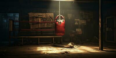 ai généré. ai génératif. foncé ancien rétro vieux Gym boxe sac aptitude sport martial les arts pièce intérieur. graphique art photo