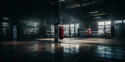 ai généré. ai génératif. foncé ancien rétro vieux Gym boxe sac aptitude sport martial les arts pièce intérieur. graphique art photo