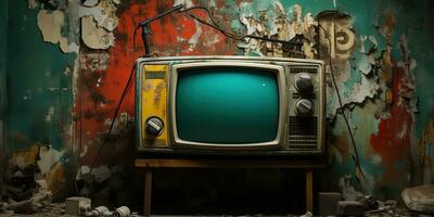 ai généré. ai génératif. vintafé rétro vieux antique la télé télévision boîte proche à le mur Contexte. graphique art photo