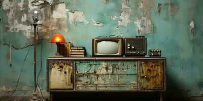 ai généré. ai génératif. vintafé rétro vieux antique la télé télévision boîte proche à le mur Contexte. graphique art photo