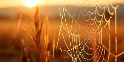 ai généré. ai génératif. ensoleillement spoderweb araignée la toile à champ Prairie foins herbe. la nature Extérieur faune. graphique art photo