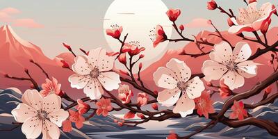 ai généré. ai génératif. ancien rétro traditionnel Japonais asiatique paysage Contexte. Cerise fleur Sakura arbre fleur Montagne et Extérieur la nature minimal graphique art. graphique art photo