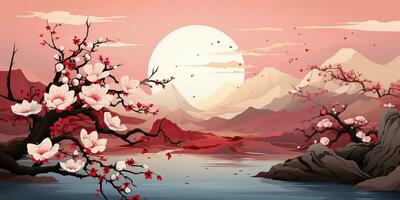 ai généré. ai génératif. ancien rétro traditionnel Japonais asiatique paysage Contexte. Cerise fleur Sakura arbre fleur Montagne et Extérieur la nature minimal graphique art. graphique art photo