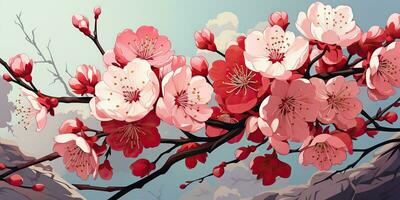 ai généré. ai génératif. ancien rétro traditionnel Japonais asiatique paysage Contexte. Cerise fleur Sakura arbre fleur Montagne et Extérieur la nature minimal graphique art. graphique art photo